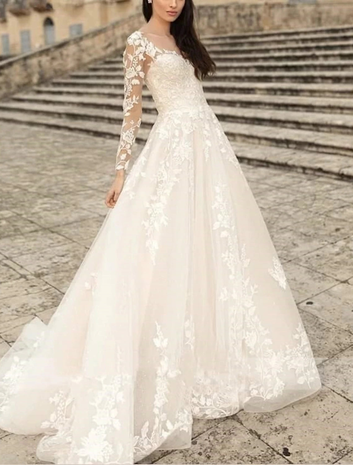 Beach Formal Wedding Dresses A-Line V Neck Long Sleeve Sweep / Brush Train Lace Bridal Gowns With Flower Solid Color