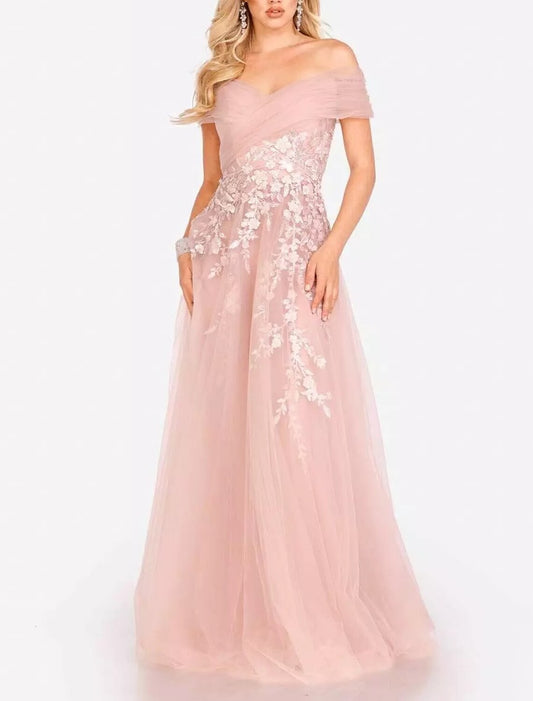 Ball Gown Evening Gown Elegant Dress Formal Pink Dress Floor Length Sleeveless Sweetheart Neck Tulle with Flower