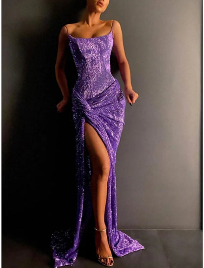 A-Line Evening Gown Elegant Dress Formal Sweep / Brush Train Sleeveless Square Neck Sequined with Glitter Ruched Slit