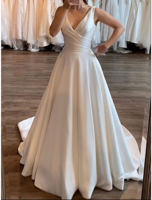 Formal Wedding Dresses A-Line V Neck Sleeveless Court Train Satin Bridal Gowns With Pleats Ruched