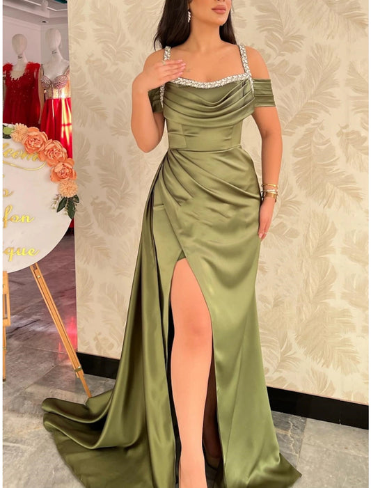 A-Line Evening Gown Elegant Dress Formal Court Train Short Formal Red Green Dress Sleeve Square Neck Satin with Pleats Ruched Crystals