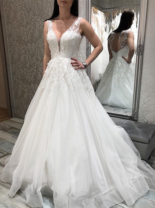 A-line Princess Tulle Applique V-neck Sleeveless and Floor Length Wedding Dress