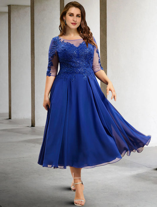 A-Line Plus Size Curve Mother of the Bride Dresses Elegant Dress Formal Tea Length Half Sleeve Jewel Neck Chiffon with Pleats Sequin Appliques