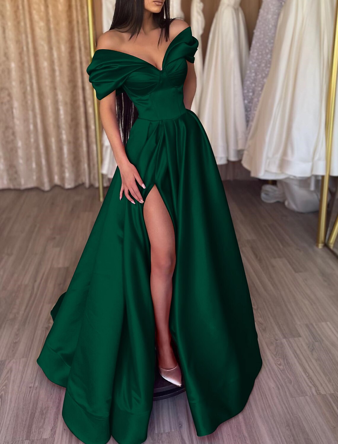 A-Line Evening Gown Party Dress Sexy Dress Prom Birthday Floor Length Short Sleeve Off Shoulder Satin with Slit Pure Color