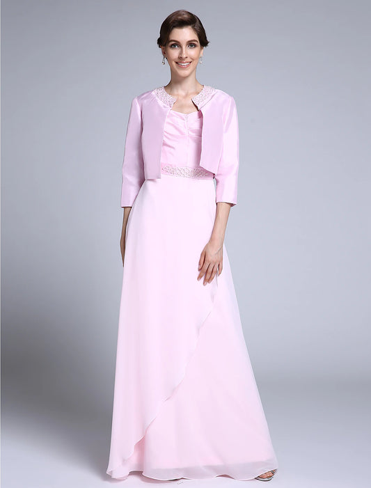 Sheath / Column Mother of the Bride Dress Scoop Neck Floor Length Chiffon 3/4 Length Sleeve No with Beading