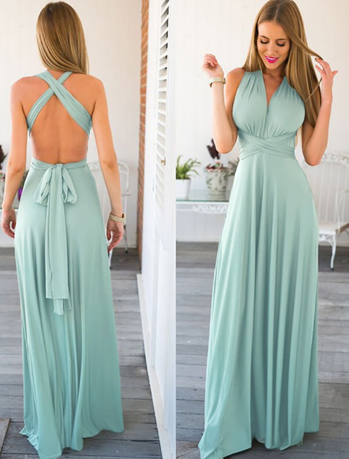 A-Line Bridesmaid Dress Halter / V Neck Sleeveless Convertible Floor Length Spandex with Sash / Ribbon / Pleats