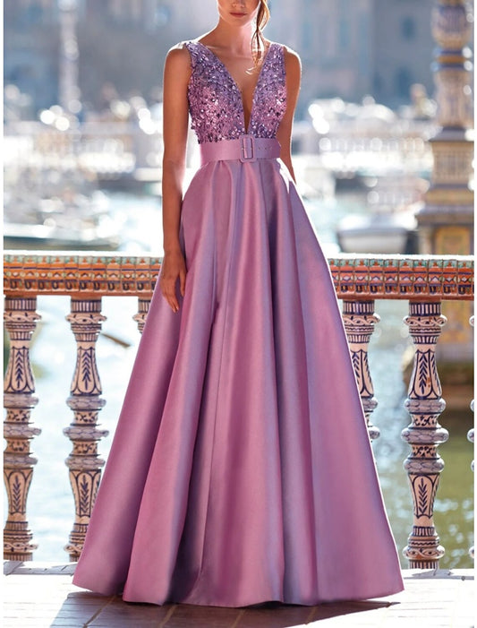 A-Line Evening Gown Elegant Dress Formal Floor Length Sleeveless V Neck Satin with Pleats Strappy