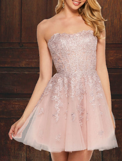 A-Line Prom Dresses Plus Size Dress Homecoming Graduation Short / Mini Sleeveless Strapless Pink Dress Tulle with Appliques