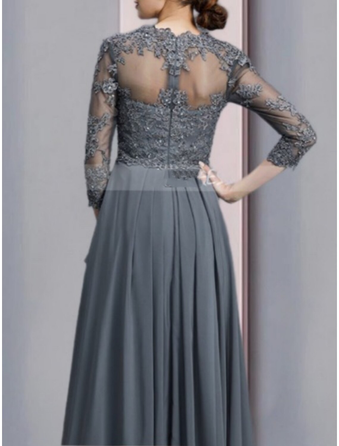 A-Line Mother of the Bride Dress Wedding Guest Elegant V Neck Floor Length Chiffon Half Sleeve with Lace Ruching