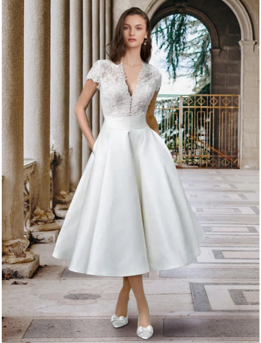 Hall Simple Wedding Dresses Wedding Dresses A-Line Scoop Neck Sleeveless Tea Length Satin Bridal Gowns With Pleats Solid Color