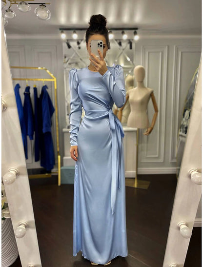 Sheath / Column Evening Gown Elegant Dress Wedding Guest Floor Length Long Sleeve High Neck Bridesmaid Dress Satin with Ruched