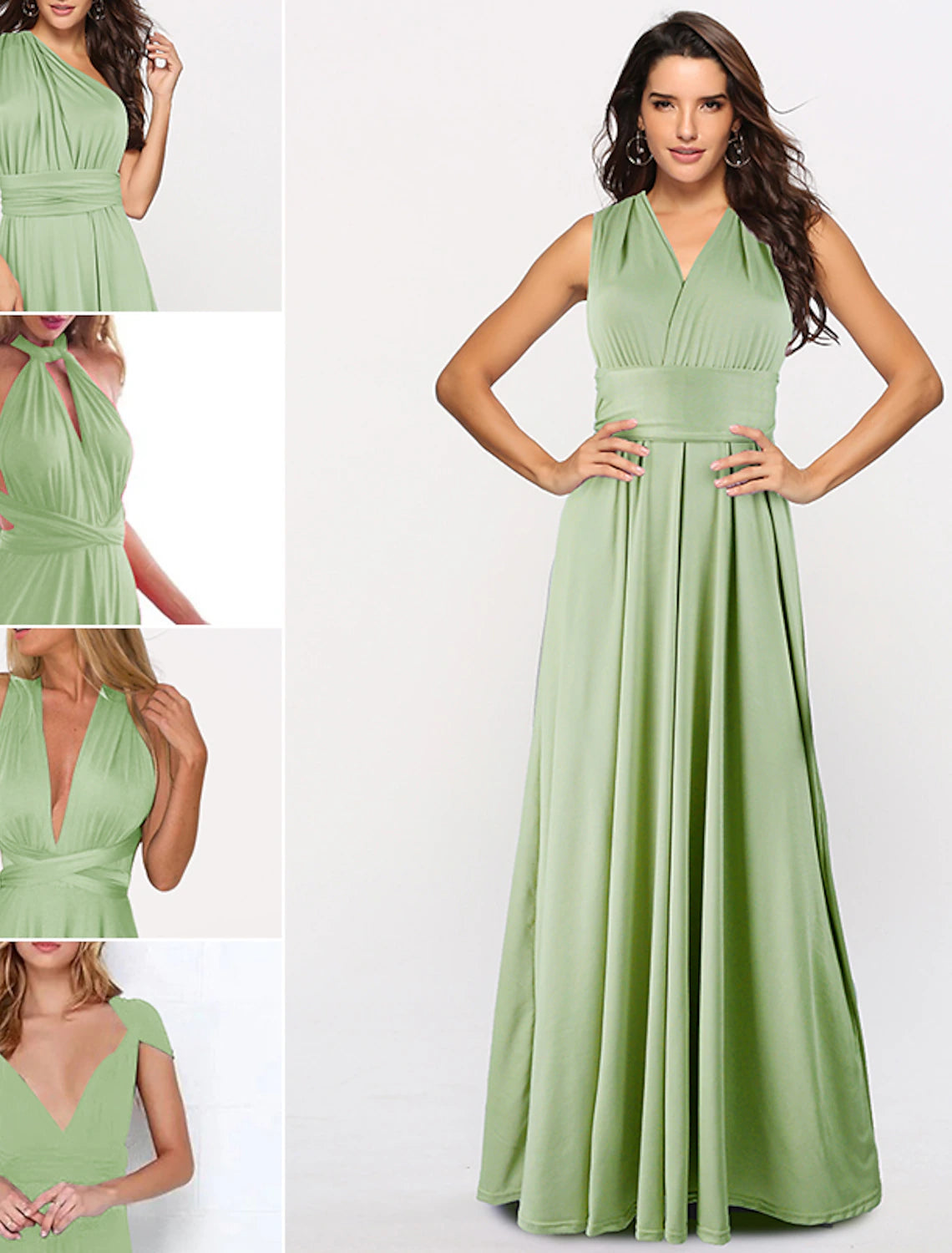 A-Line Bridesmaid Dress Halter / V Neck Sleeveless Convertible Floor Length Spandex with Sash / Ribbon / Pleats