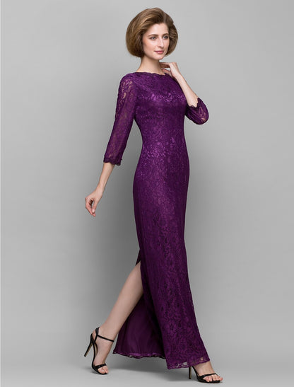 Sheath / Column Mother of the Bride Dress Furcal Bateau Neck Ankle Length Lace 3/4 Length Sleeve No with Lace