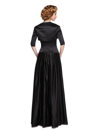 A-Line Jewel Neck Floor Length Stretch Satin Mother of the Bride Dress with Beading / Appliques / Draping