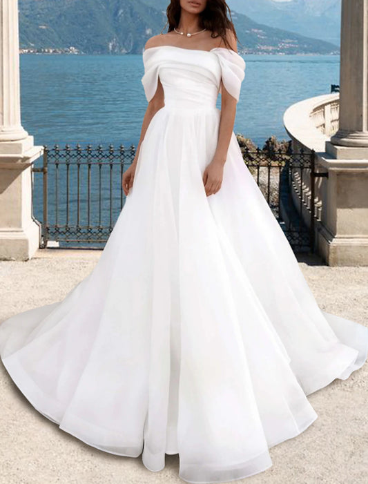 Beach Wedding Dresses A-Line Off Shoulder Cap Sleeve Court Train Organza Bridal Gowns With Pleats Ruched