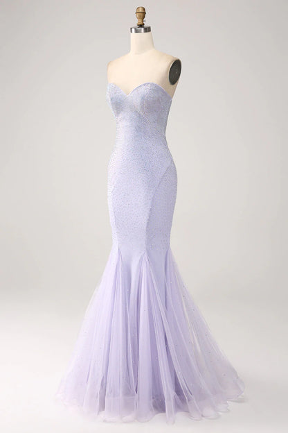 Lilac Mermaid Sweetheart Strapless Beaded Long Prom Dress