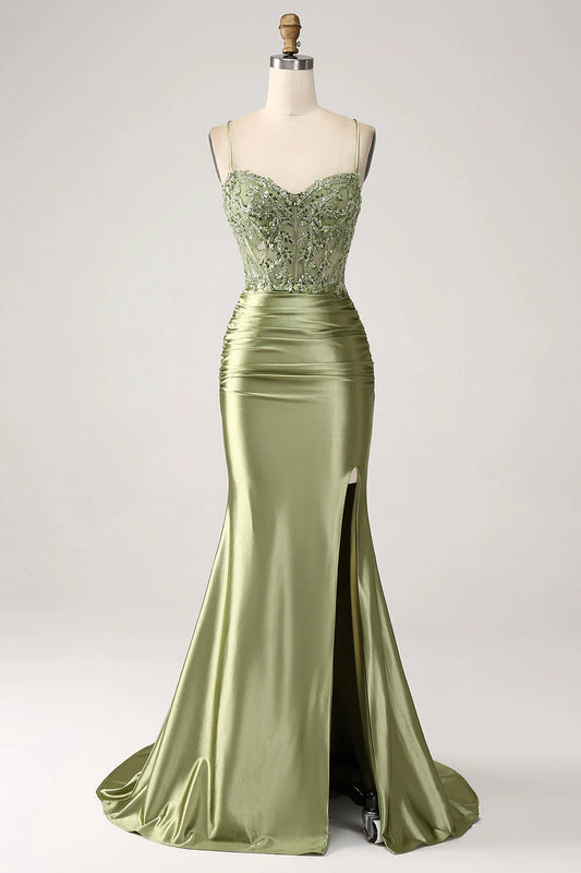 Fishtail sage thin shoulder strap with back slit prom dress