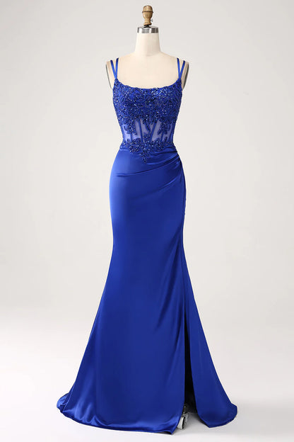 Royal blue mermaid tight fitting corset with beaded long slit prom dress