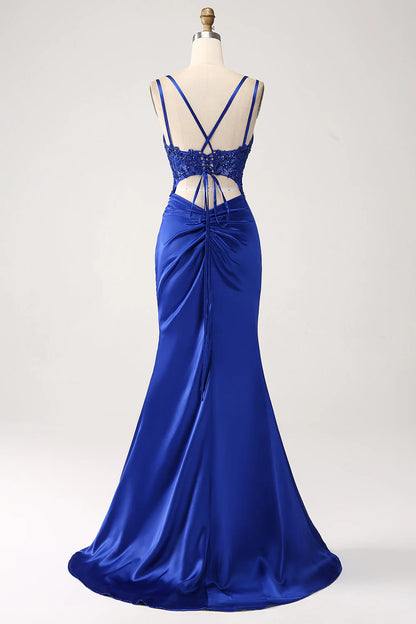 Royal blue mermaid tight fitting corset with beaded long slit prom dress