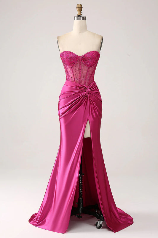 Purple red fishtail sweetheart pleated long slit tight fitting corset satin prom dress