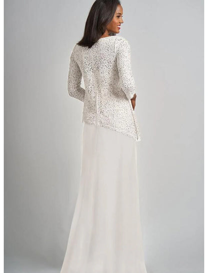 Sheath / Column Mother of the Bride Dress Wedding Guest Elegant & Luxurious Bateau Neck Floor Length Chiffon Lace 3/4 Length Sleeve with Lace Fall