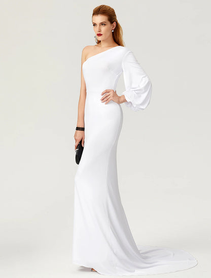 Mermaid / Trumpet Celebrity Style Dress Engagement Court Train Long Sleeve One Shoulder Jersey with Pleats