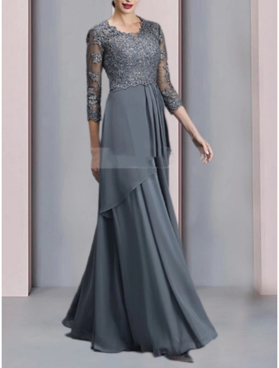 A-Line Mother of the Bride Dress Wedding Guest Elegant V Neck Floor Length Chiffon Half Sleeve with Lace Ruching