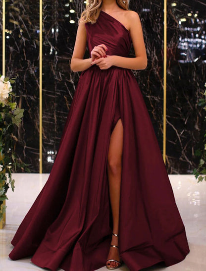 A-Line Evening Gown Elegant Dress Wedding Guest Engagement Floor Length Sleeveless One Shoulder Satin with Pleats Slit