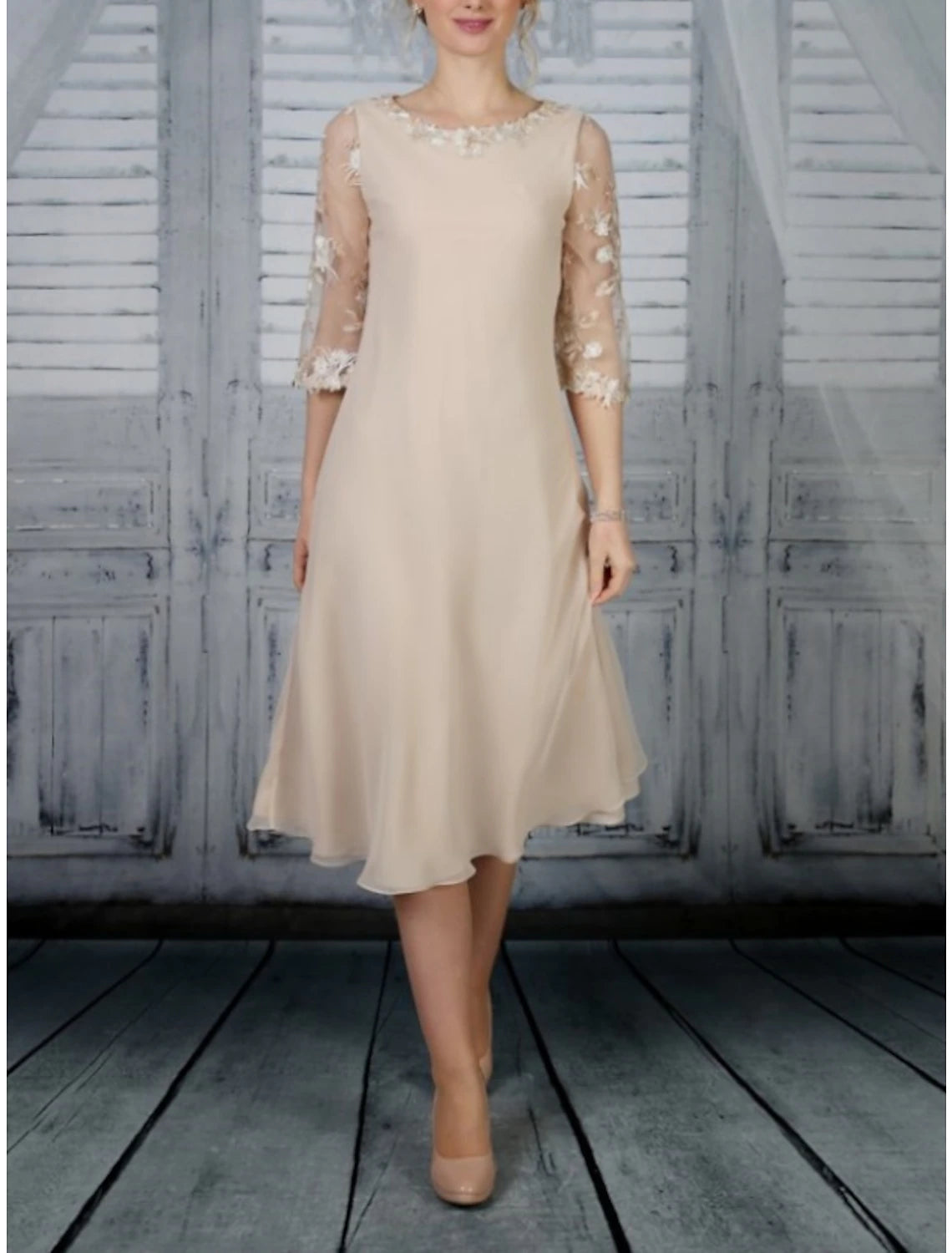Sheath / Column Mother of the Bride Dress Wedding Guest Party Elegant Scoop Neck Tea Length Chiffon Lace Half Sleeve with Ruffles Solid Color