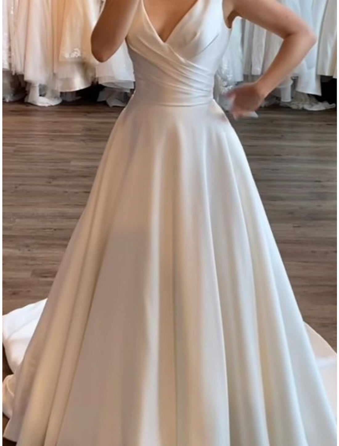 Formal Wedding Dresses A-Line V Neck Sleeveless Court Train Satin Brid