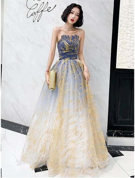 A-Line Color Block Sparkle Engagement Prom Dress Strapless Sleeveless Floor Length Sequined with Sequin