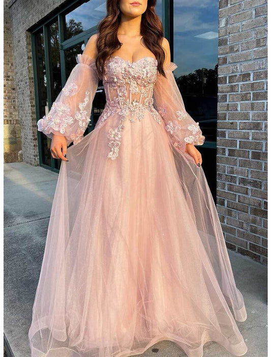 A-Line Prom Dresses Sparkle Dress Wedding Floor Length Long Sleeve Strapless Tulle with Sequin