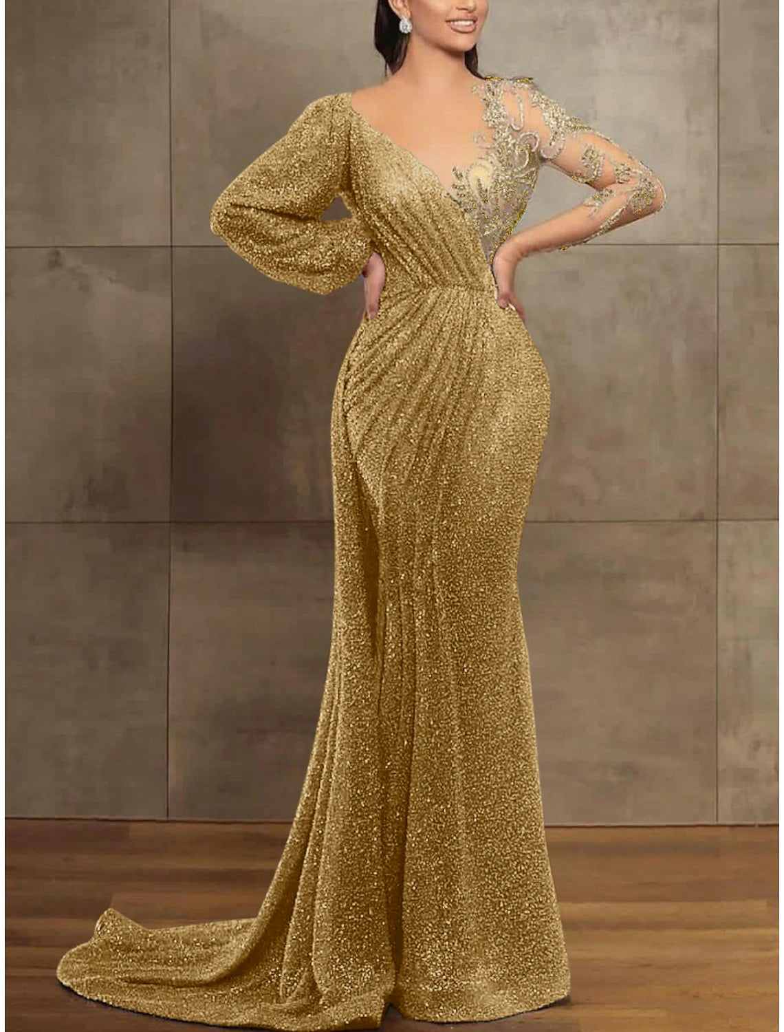 Sequin Mermaid / Trumpet Evening Gown Champagne Gold Elegant Dress Formal Red Green Dress Court Train Long Sleeve Illusion Neck Sequined with Pleats