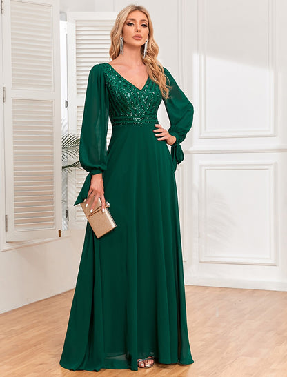 A-Line Evening Gown Empire Dress Evening Party Floor Length Long Sleeve V Neck Fall Wedding Guest Chiffon V Back with Sequin