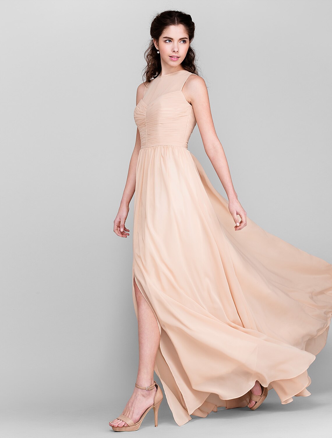 Sheath / Column Bridesmaid Dress Jewel Neck Sleeveless Elegant Floor Length Chiffon with Ruched / Split Front