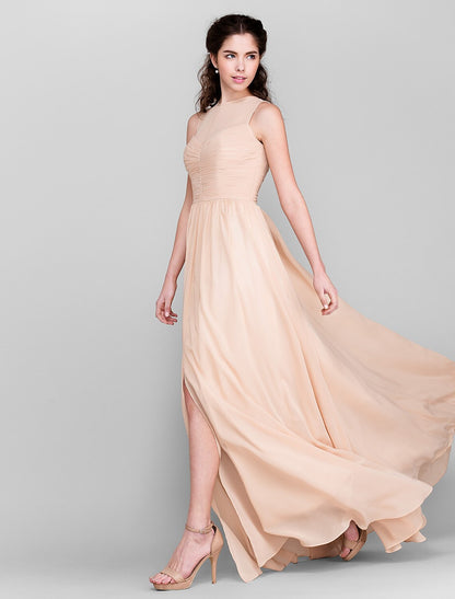 Sheath / Column Bridesmaid Dress Jewel Neck Sleeveless Elegant Floor Length Chiffon with Ruched / Split Front