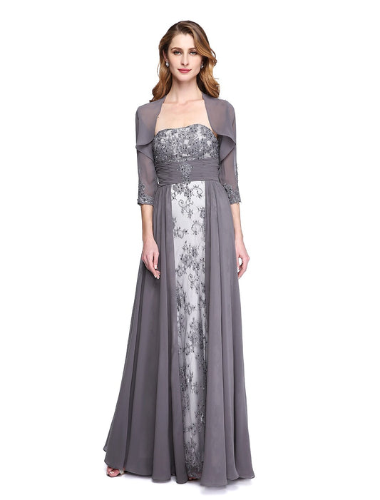 A-Line Mother of the Bride Dress Wrap Included Strapless Floor Length Chiffon Beaded Lace Sleeveless yes with Ruched Beading Appliques