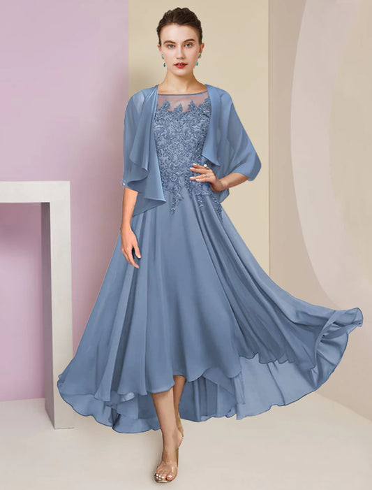 Two Piece A-Line Mother of the Bride Dress Formal Wedding Guest Elegant High Low Scoop Neck Asymmetrical Tea Length Chiffon Lace Short Sleeve Wrap Included with Sequin Appliques