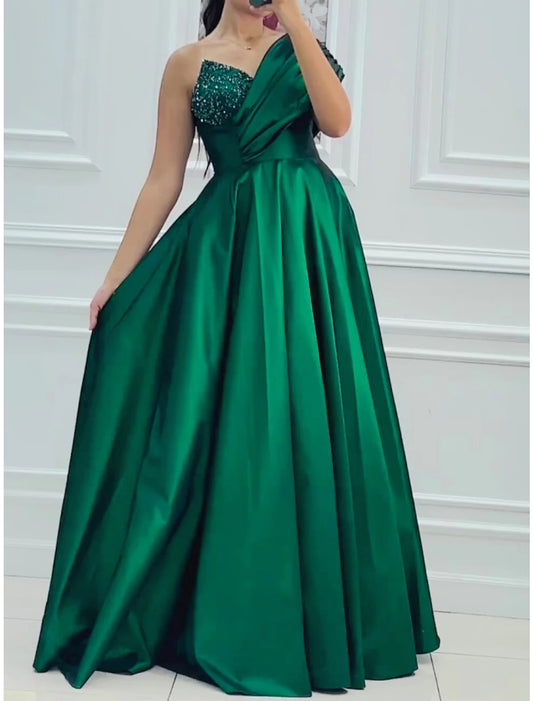 A-Line Evening Gown Elegant Dress Formal Floor Length Short Sleeve One Shoulder Satin with Pleats Ruched Sequin