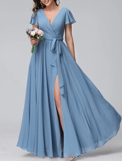 A-Line Bridesmaid Dress V Neck Short Sleeve Blue Floor Length Chiffon with Split Front / Ruching