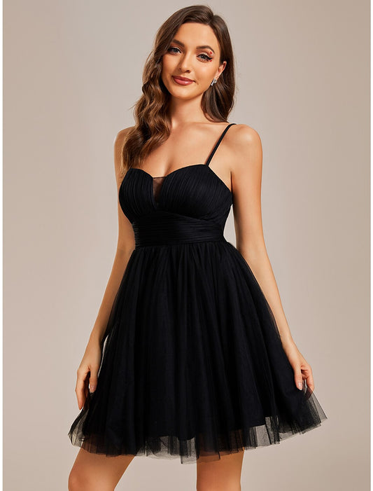 A-Line Homecoming Dresses Princess Dress Cocktail Party Birthday Short / Mini Sleeveless Spaghetti Strap Tulle with Ruched