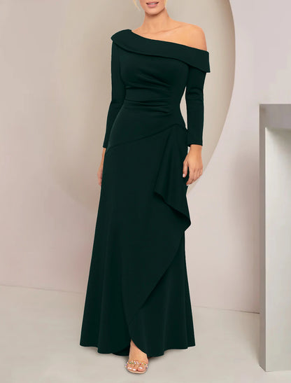 A-Line Mother of the Bride Dress Wedding Guest Party Elegant Off Shoulder Floor Length Stretch Fabric Long Sleeve with Ruffles Ruching Solid Color