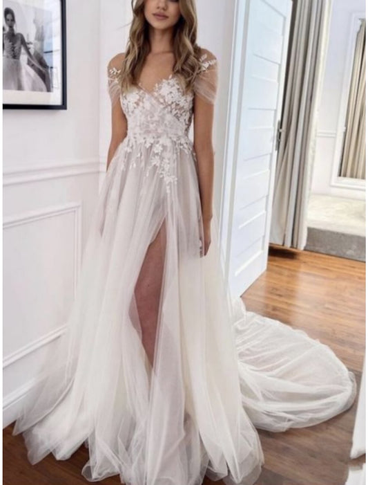 Beach Formal Wedding Dresses A-Line V Neck Short Sleeve Court Train Lace Bridal Gowns With Pleats Split Front