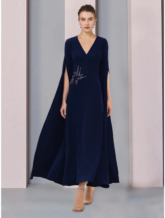 A-Line Mother of the Bride Dress Wedding Guest Elegant V Neck Ankle Length Stretch Chiffon Half Sleeve with Sequin Ruching Solid Color