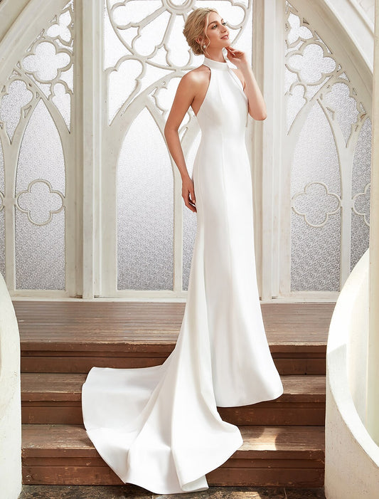 Bridal Shower Casual Open Back Wedding Dresses Court Train Sheath / Column Regular Straps Halter Satin With Pleats  Bridal Gowns