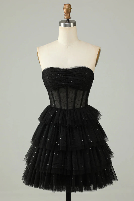 Black A Line strapless backless corset Cocktail Dresses