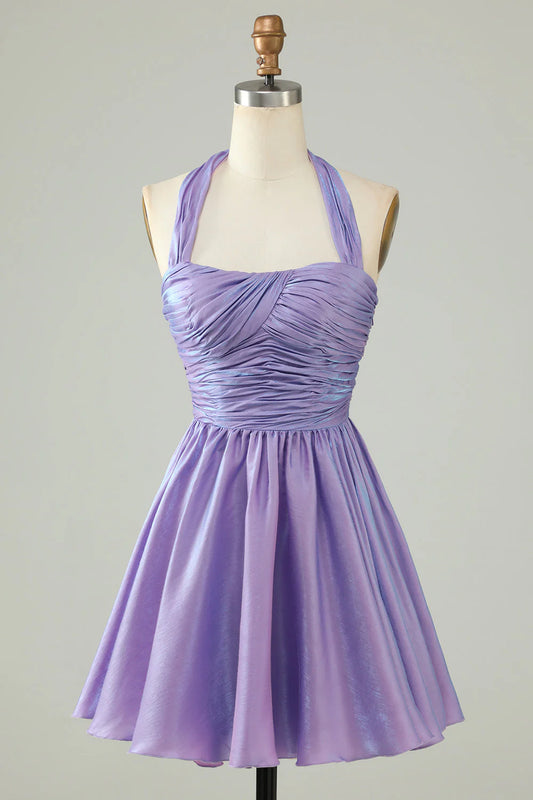 Purple hanging neck backless sleeveless A-line Cocktail Dresses