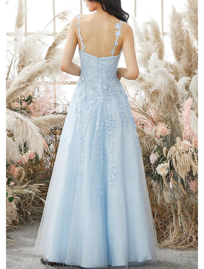 Sheath / Column Prom Dresses Elegant Dress Formal Prom Floor Length Sleeveless Spaghetti Strap Tulle with Appliques