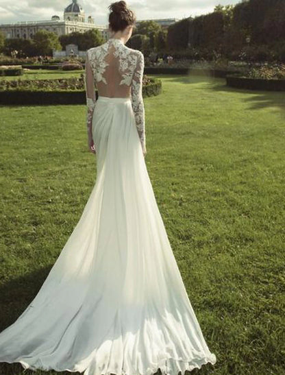 Beach Wedding Dresses A-Line High Neck Long Sleeve Court Train Chiffon Bridal Gowns