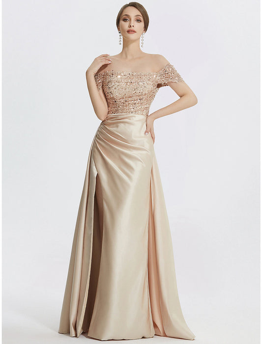 Sheath / Column Evening Gown Elegant Dress Formal Floor Length Short Sleeve Off Shoulder Sequined with Glitter Pleats Slit